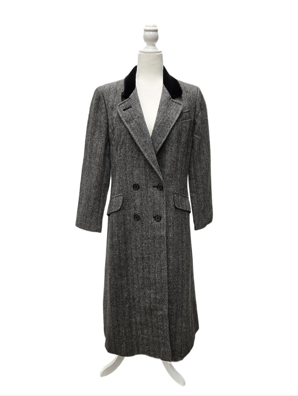 Vintage Herringbone Wool Double-Breasted Overcoat